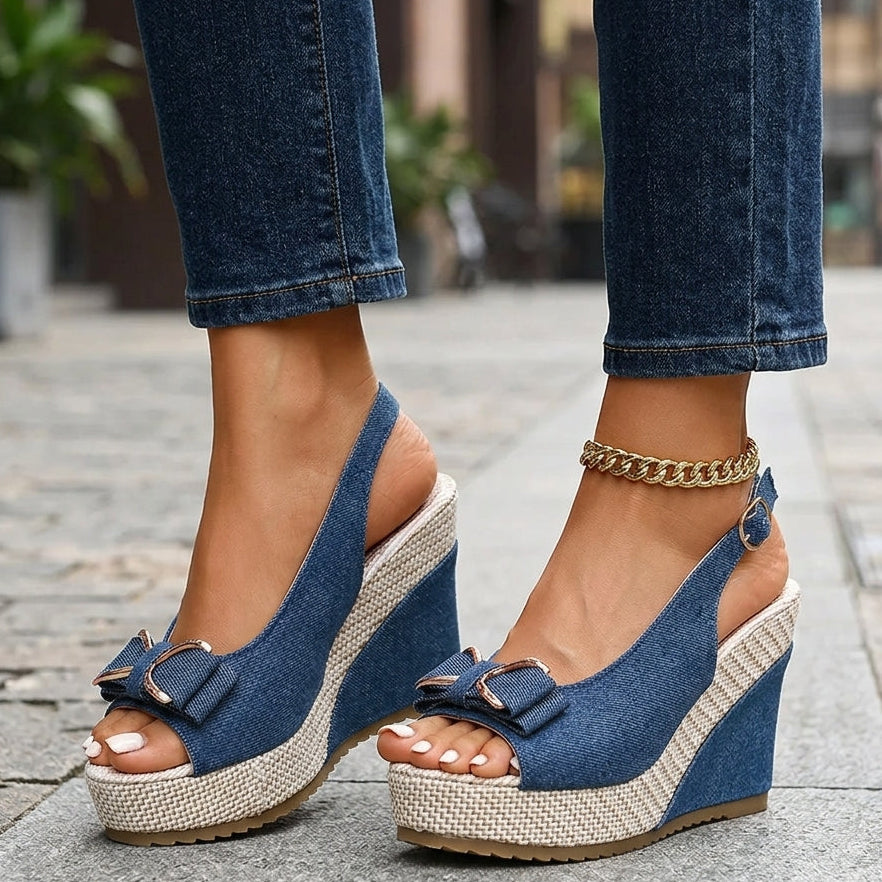 Celeste | Zeppe in denim con fiocco