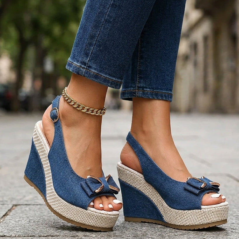Celeste | Zeppe in denim con fiocco