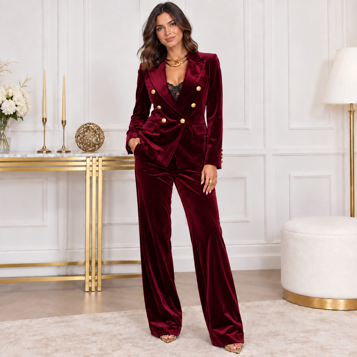 Tailleur Lia Conti in velluto bordeaux, blazer e pantalone donna