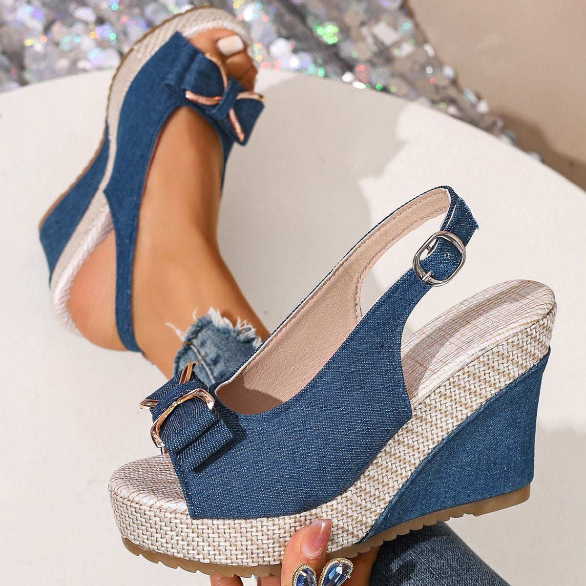 Celeste | Zeppe in denim con fiocco