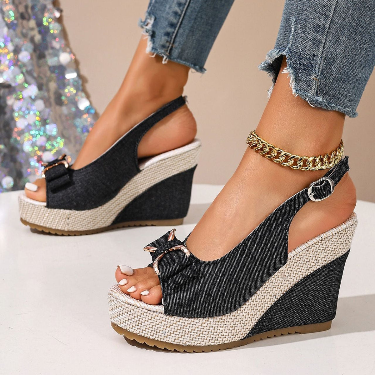Celeste | Zeppe in denim con fiocco