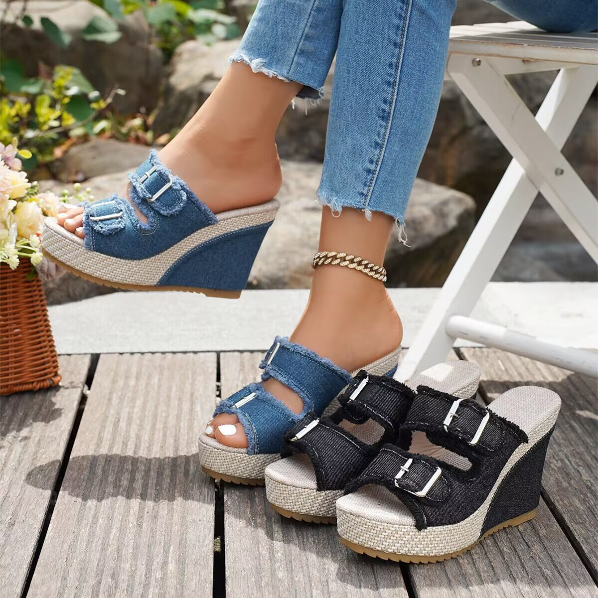 Elara | Zeppe in denim con fibbie