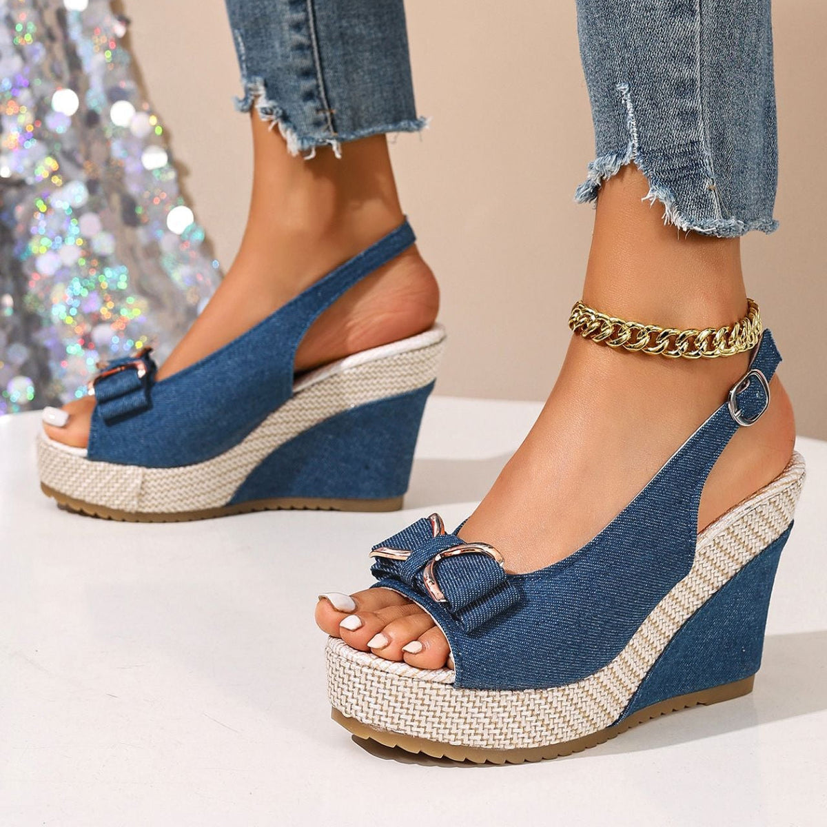 Celeste | Zeppe in denim con fiocco