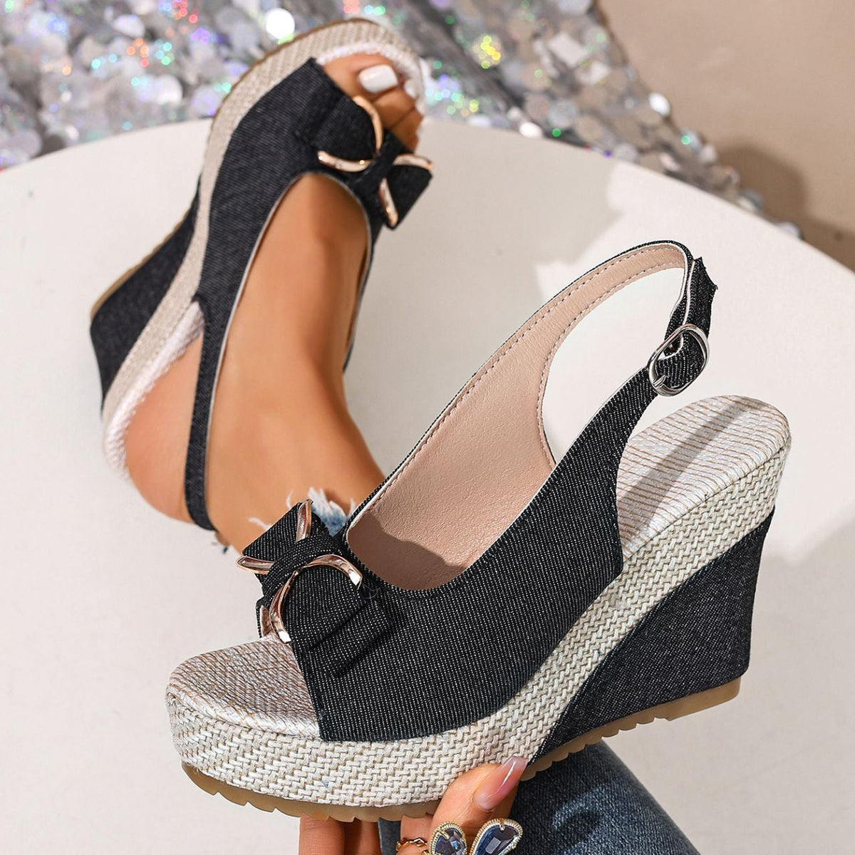 Celeste | Zeppe in denim con fiocco