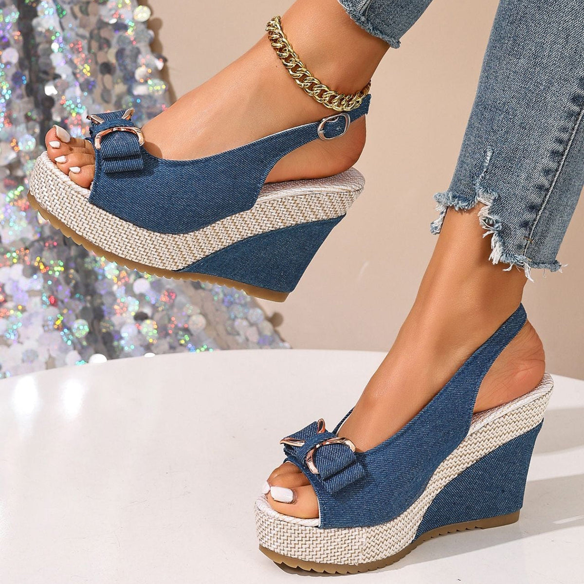Celeste | Zeppe in denim con fiocco