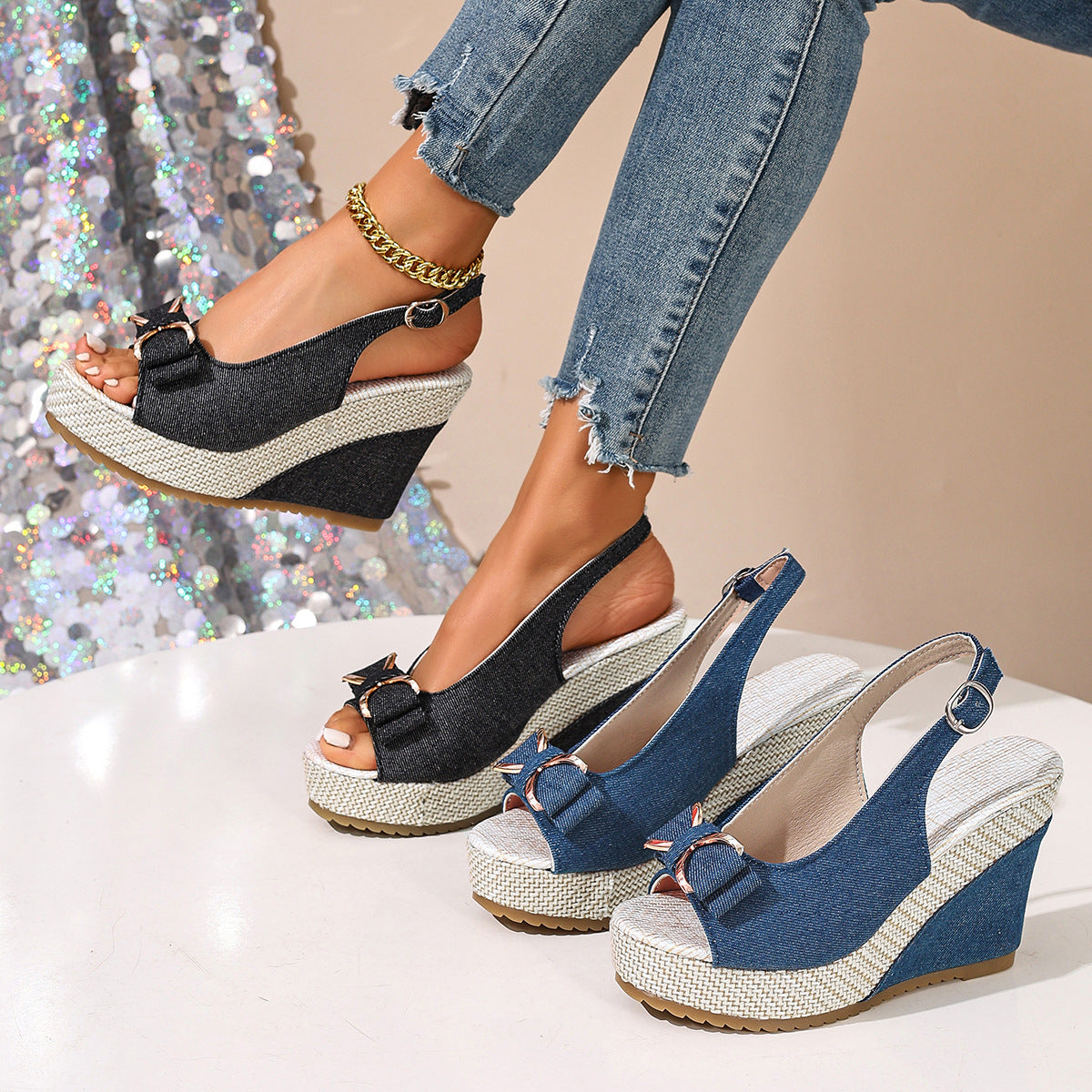 Celeste | Zeppe in denim con fiocco