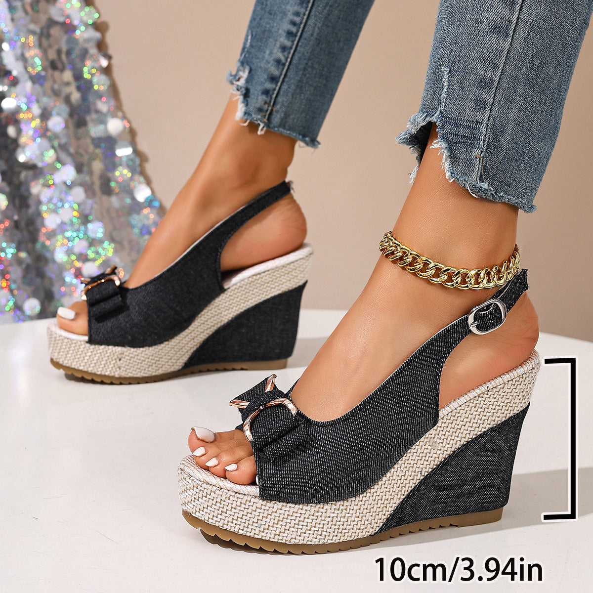Celeste | Zeppe in denim con fiocco