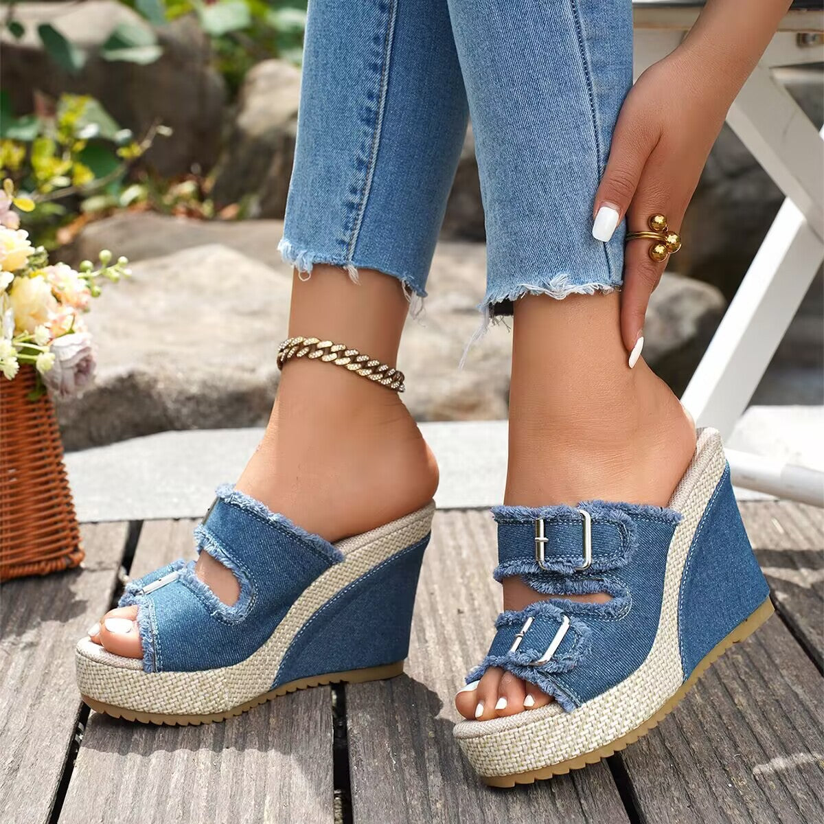 Elara | Zeppe in denim con fibbie