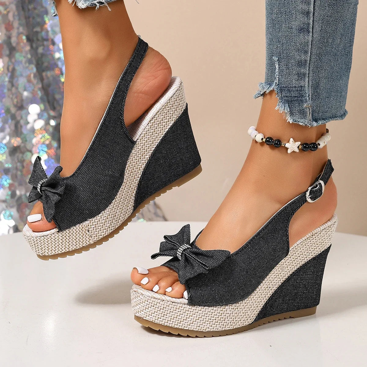 Anna | Zeppe in denim con fiocco di cristalli