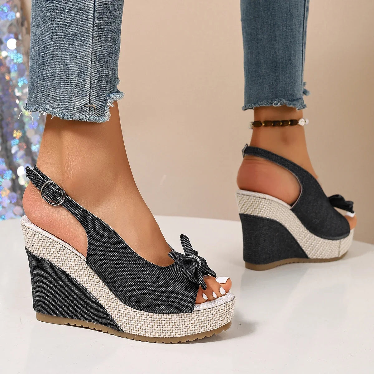 Anna | Zeppe in denim con fiocco di cristalli
