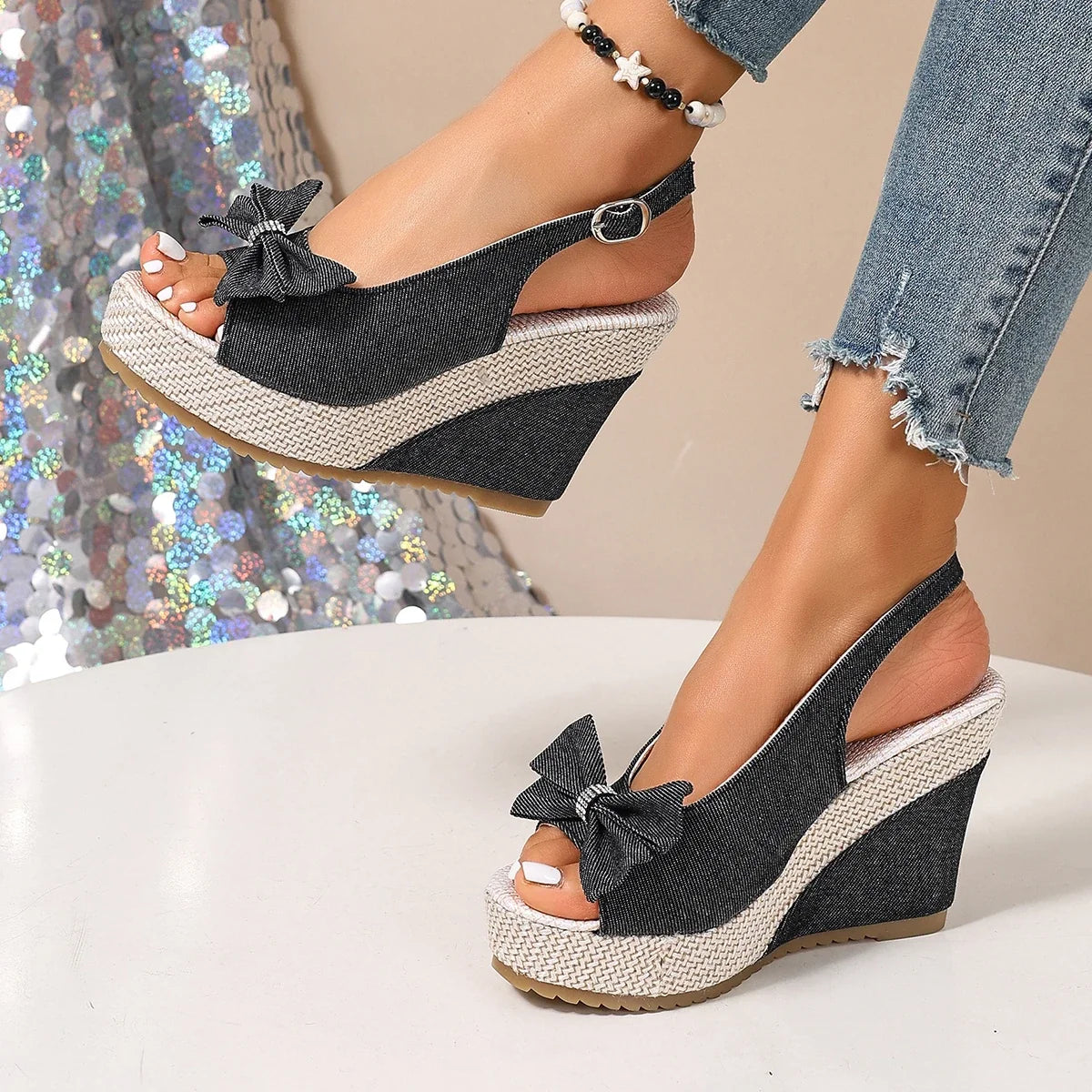 Anna | Zeppe in denim con fiocco di cristalli