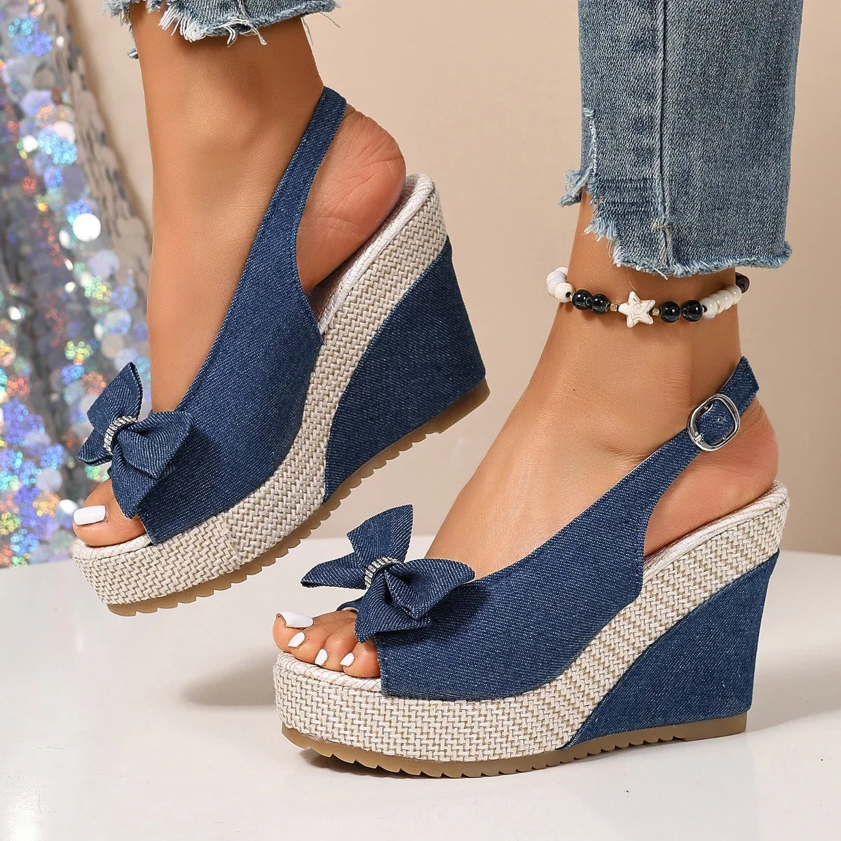 Anna | Zeppe in denim con fiocco di cristalli