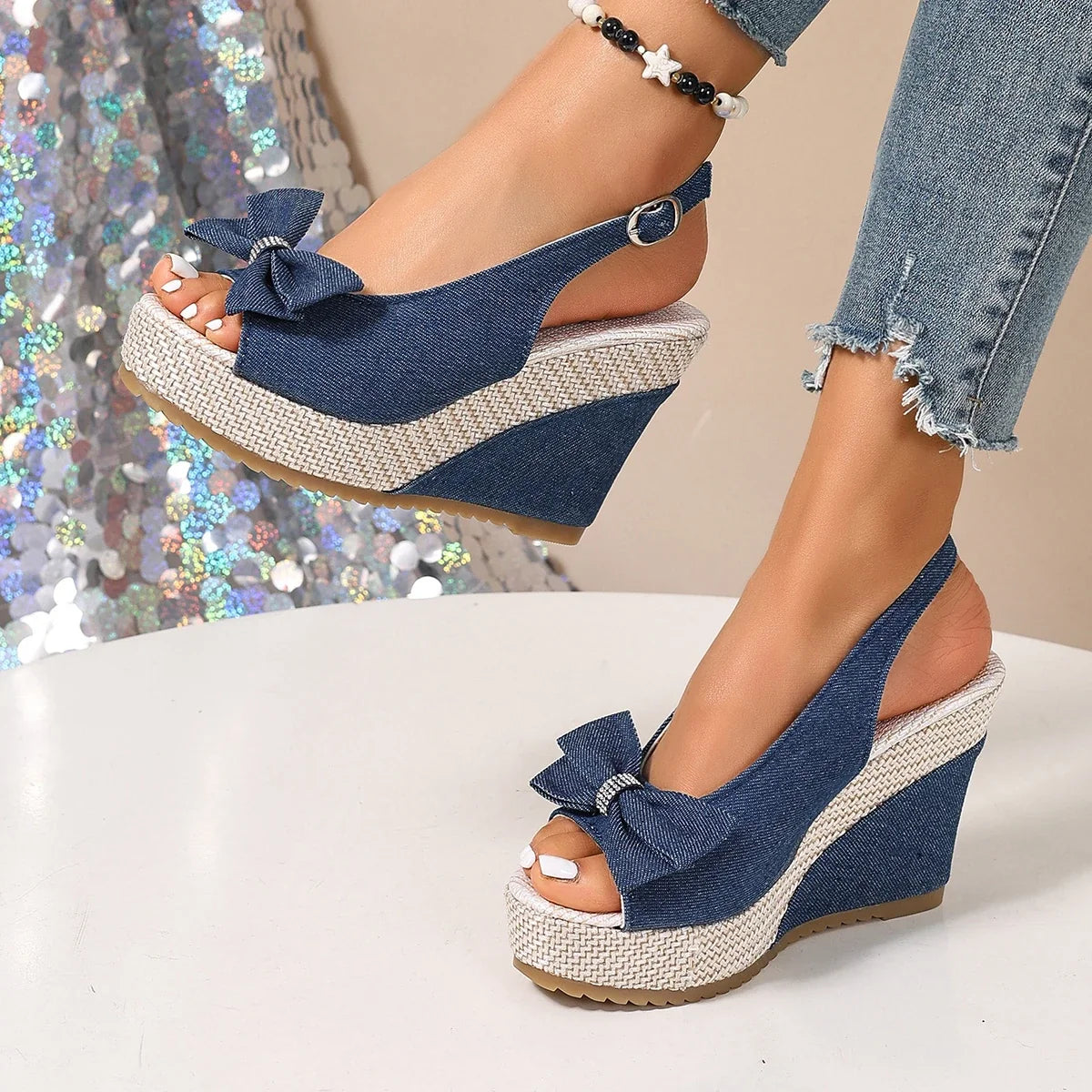 Anna | Zeppe in denim con fiocco di cristalli